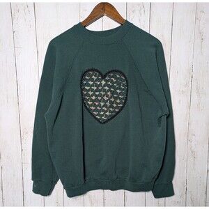 Vintage Green Sweatshirt Size XL Heart Cottagecore Handmade Grandma Valentines